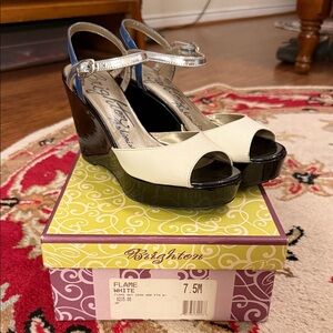 Brighton White and Black Wedge Sandals